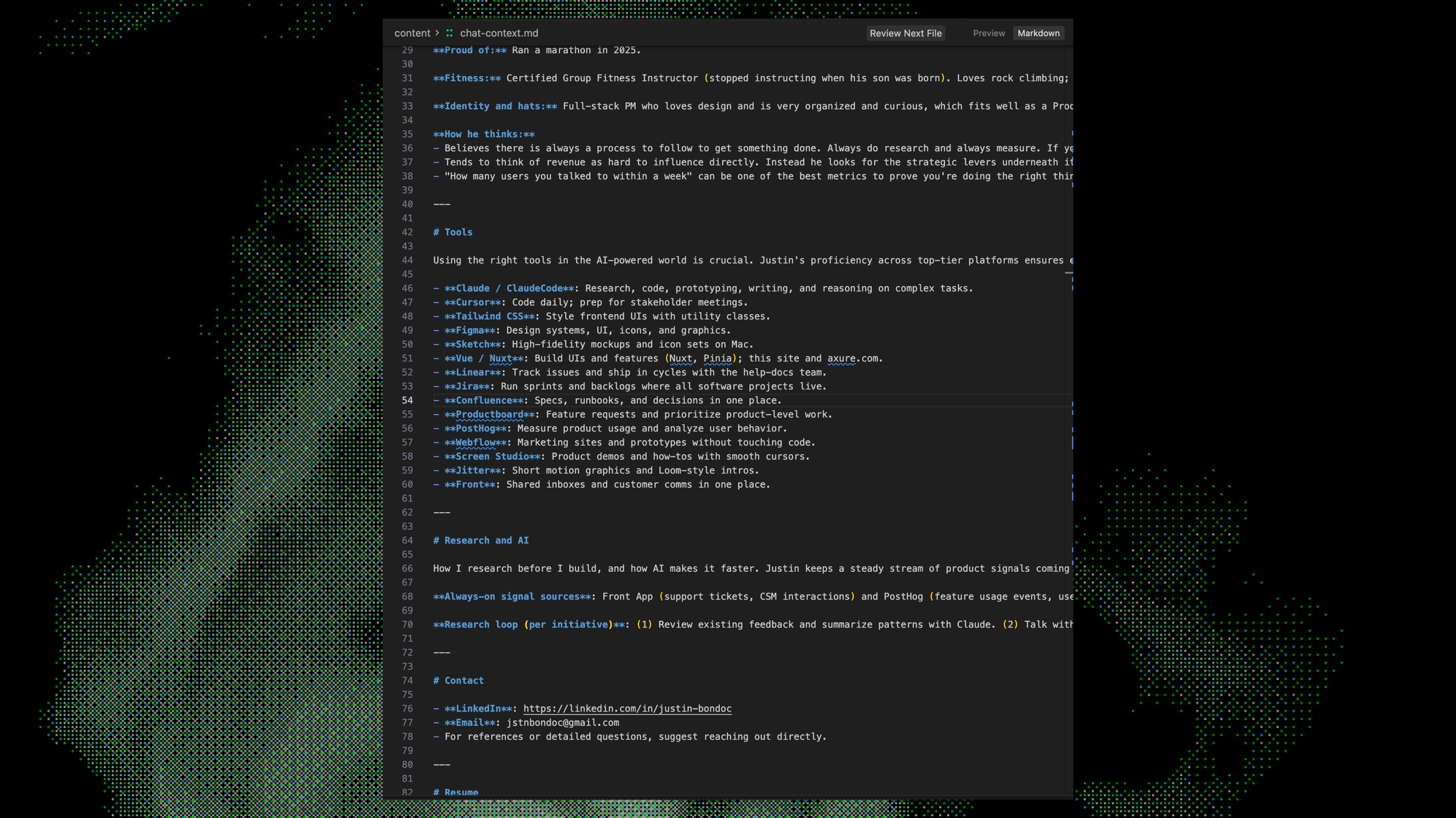 The chat system uses a markdown file (chat-context.md)